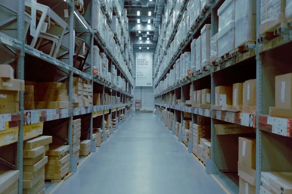 Warehouse aisle with racked goods